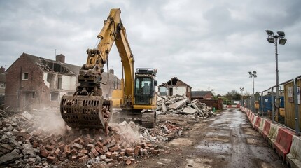 Obraz premium Excavator bucket lifting bricks in demolition process concept. Excavator demolishing buildings at a construction site.