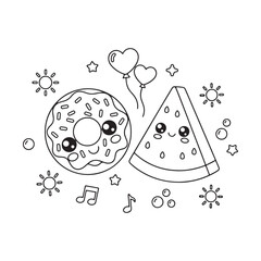 Cute Donut and Watermelon Coloring Page for Kids Kawaii Summer Food Fun Theme Art