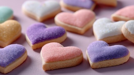 Colorful Heart-Shaped Cookies with Icing on a Soft Purple Background