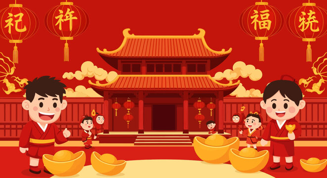 Children in red clothes holding gold ingots.