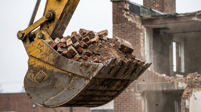Excavator bucket lifting bricks in demolition process concept. Excavator lifting debris from a demolished building site.