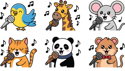Obraz premium Set of cute cartoon animals singing with microphones and musical notes featuring bird giraffe mouse cat panda and hamster for kids music.