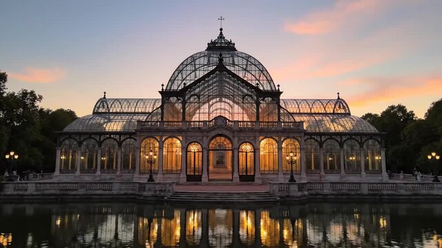 A grand glass building with a domed roof and arches, reflecting in still water at dusk