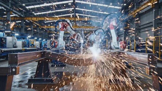 Industrial robotic arms precisely weld l structures in a modern factory setting