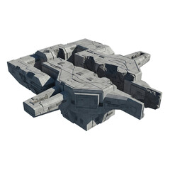 Futuristic gray spaceship with damaged surface