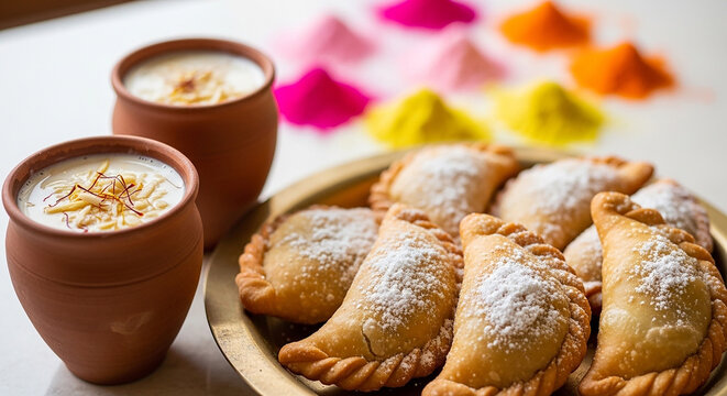 Traditional Indian sweets and colorful Holi powders with refreshing drinks