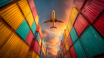 Passenger airplane flying over colorful cargo containers at sunset, concept of global logistics, air freight and international trade.