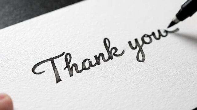 Black pen writing cursive "Thank you" on textured white paper; close-up view