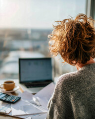 A woman sitting at a desk by a window, working on a laptop surrounded by papers and a calculator, the concept of remote work and financial planning.