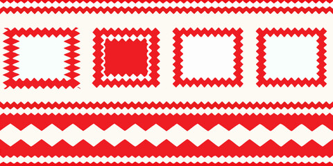 Fototapeta premium Red and white geometric pattern with repeating square and zigzag motifs
