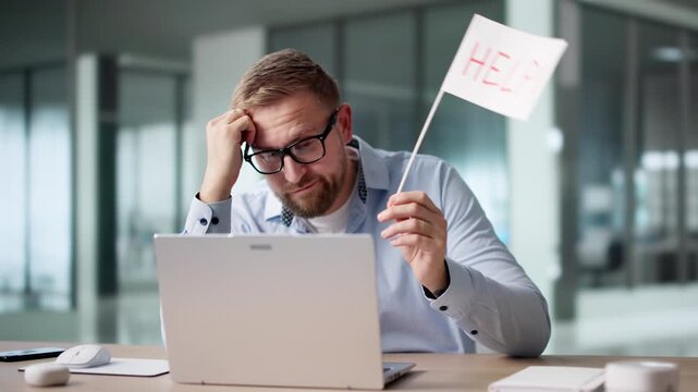 Overworked Businessman Holding Help Flag