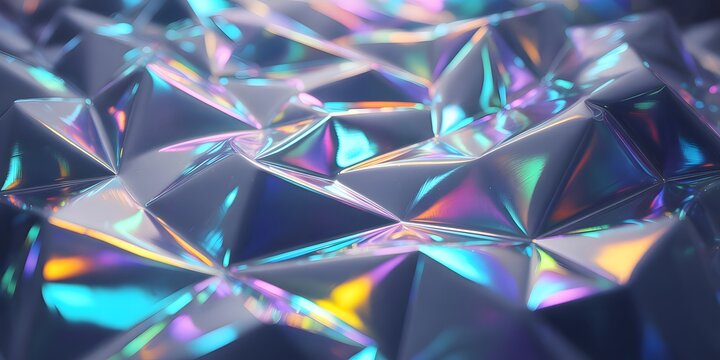 A close-up view of shiny iridescent crystals reflecting colorful light