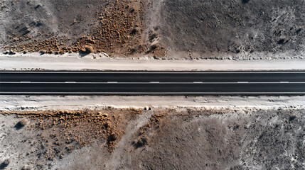 Straight Asphalt Road Through Barren Desert Terrain Aerial