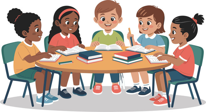 Diverse group of multiracial children sitting together at a round table studying reading books and 