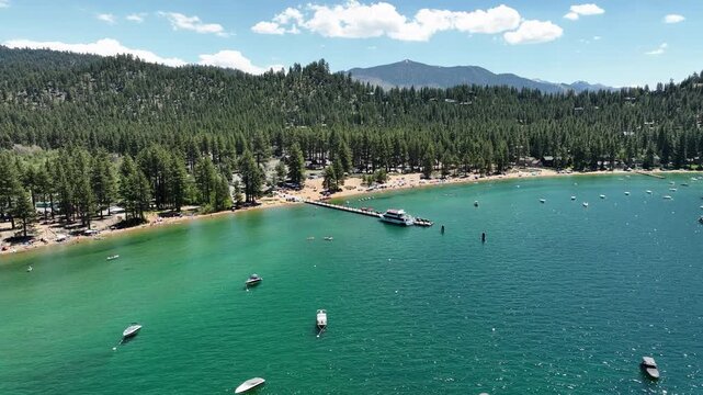 Lake Tahoe Aerial Shot of Zephyr Cove Marina Orbit R Nevada USA