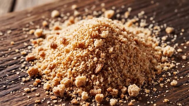 A close-up shot of a pile of golden breadcrumbs resting on a rustic wooden