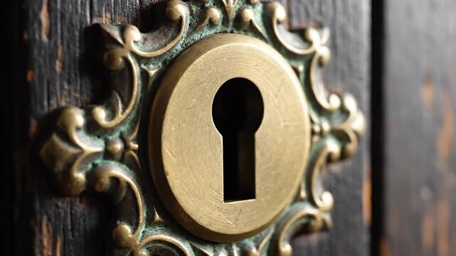 Macro shot of a tarnished brass keyhole escutcheon plate and key in a dark wooden door