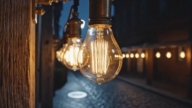 A row of vintage Edison light bulbs illuminates a charming outdoor pathway