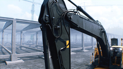 Fototapeta premium Excavator with big shovel on construction site. Daylight. 3d rendering.