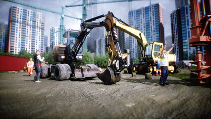 Excavator with big shovel on construction site. Daylight. 3d rendering. © 3D motion