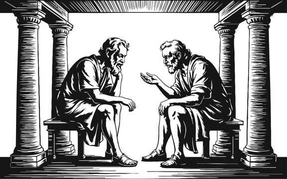 Ancient greek philosophers debating under classical columns in a black and white illustration