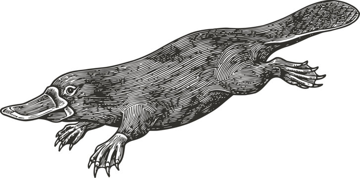 Vintage platypus illustration swimming underwater, detailed black and white engraving drawing