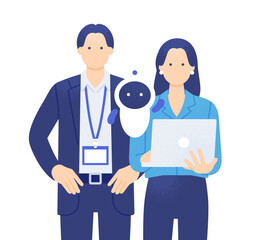 AIを活用するDXプロジェクトチーム。IDカードケースを身につけている男性とパソコンを持つ女性。