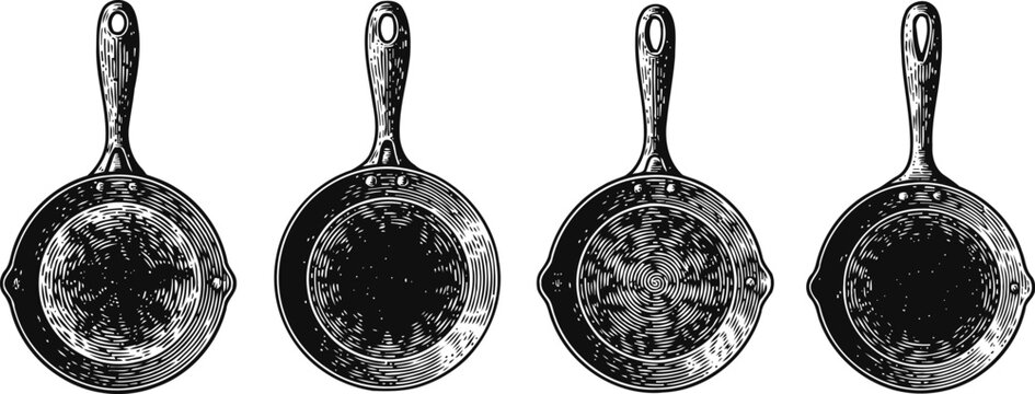 vintage cast iron skillet illustrations handmade kitchen cooking tool sketches collection