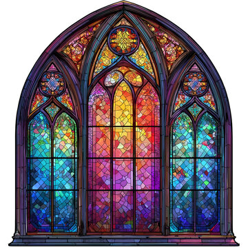 Colorful Gothic Stained Glass Window with Arched Top isolated on a transparent background