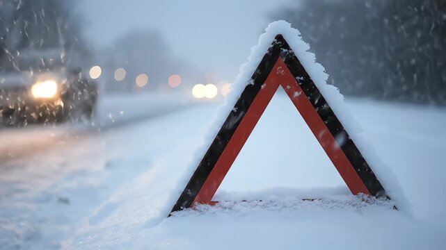 Snowy road warning triangle in winter storm conditions