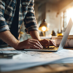 Obraz premium Close-up of man using laptop next to construction plan at desk
