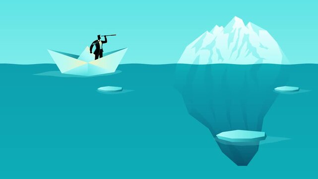 Conceptual motion graphics of a businessman in a small paper boat facing a massive iceberg, symbolizing hidden danger, unseen risks, and risk management.