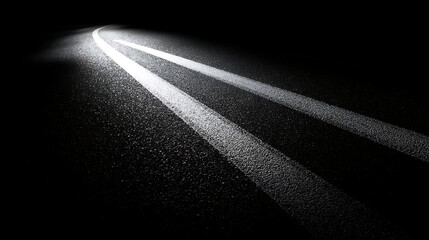 Two white lines on dark asphalt illuminated by headlights