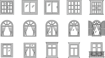 A collection of various window styles including casement, sliding, arched, and shuttered designs are arranged in neat rows.