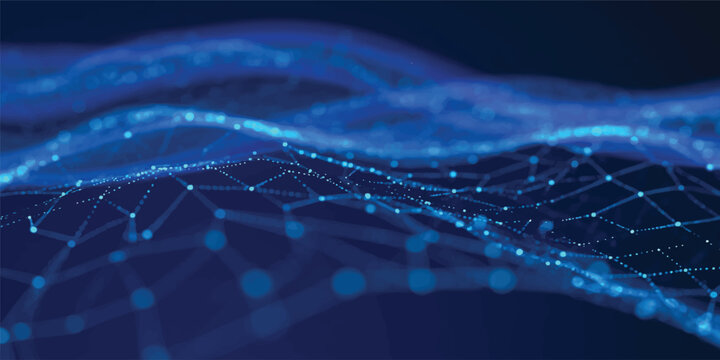An abstract blue background features digital waves and fractal patterns that blend technology and motion into a creative wallpaper concept for communication and data art