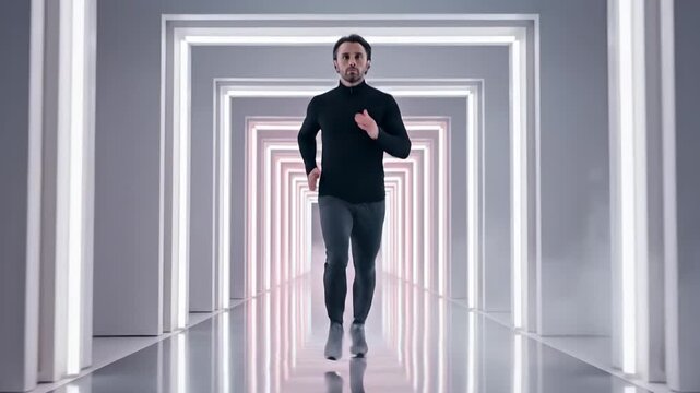 Man Running Through Illuminated Geometric Light Tunnel