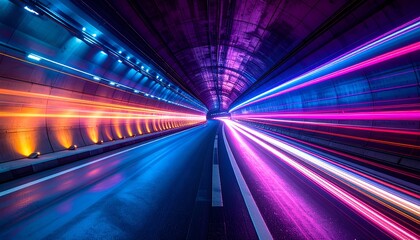 Obraz premium A vibrant tunnel with dynamic light trails reflecting off the wet surface, creating a futuristic view