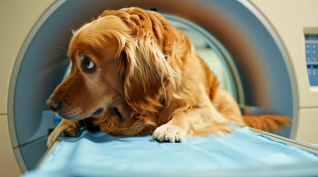 A golden retriever dog lies inside a tomograph during an examination at a modern veterinary clinic. The concept of veterinary medicine, diagnostics, and pet health care.
