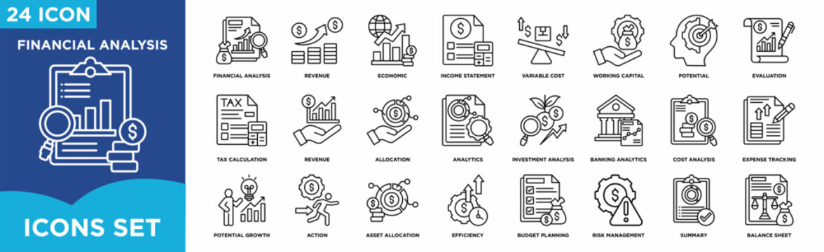 Financial analysis icon set featuring revenue, income statement, tax calculation, investment analysis, budgeting, cost analysis, risk management, asset allocation, efficiency, and balance sheet for co