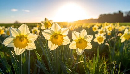 Fototapeta premium A vibrant field of daffodils in full bloom, illuminated by the warm glow of the setting sun