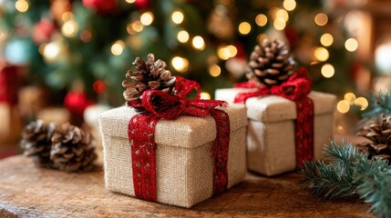Two small boxes with red ribbons and pine cones on top of them. The scene is festive and joyful, with the pine cones