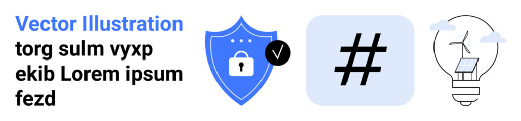 Fototapeta premium Lock on shield for security, metadata tag for trending topics, and solar energy bulb symbolizing sustainability. Ideal for technology, social media, cybersecurity, sustainability, innovation