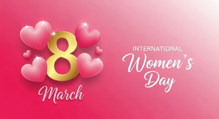 International Women's Day, March 8t, the gold number with pink 3D hearts on a gradient background, celebration banner design.