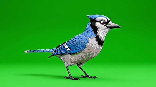 Vibrant blue jay perched against a bright green background, showcasing its striking plumage.