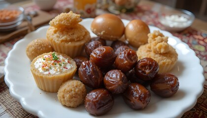 Delicious assortment of sweet pastries and dates on a white plate