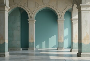 Obraz premium Serene Archways and Columns in a Peaceful Turquoise Hallway with Soft Natural Light