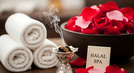 A relaxing spa setup featuring white towels and a bowl of red rose petals with aromatic incense