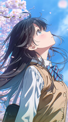 School Girl Looking Up at Cherry Blossoms Under Blue Sky &ndash; Spring Breeze Anime Illustration
、桜舞う青空を見上げる制服の少女 春の風と希望を感じる横顔イラスト
