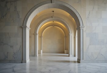 Obraz premium Elegant marble archway tunnel with soft lighting leading to bright space modern architectural interior design perspective