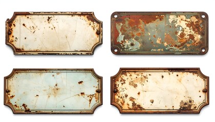 Four vintage, weathered plates with rust and peeling paint, showcasing distinct textures and colors